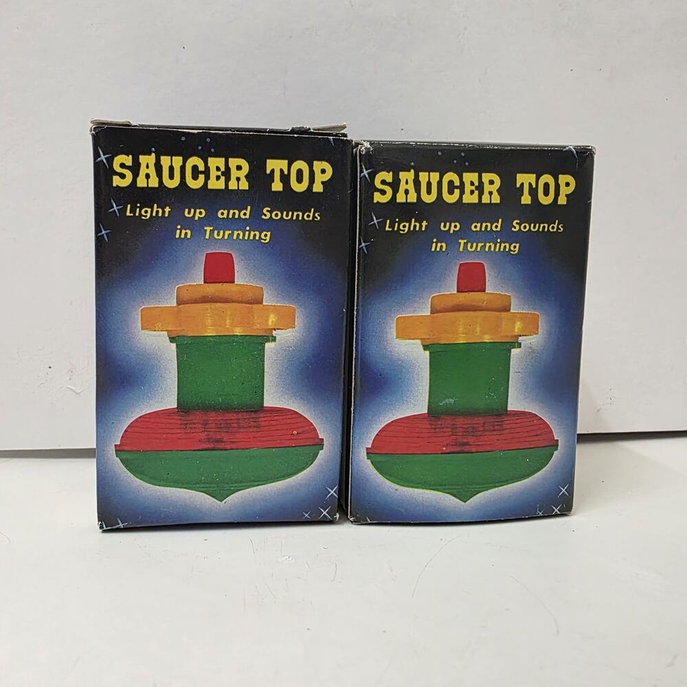 Vintage Toy Spinning Tops (2) w Box Saucer & UFO Sound Light - REPAIR- DISPLAY